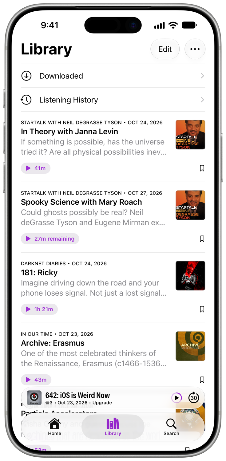 The Library tab, with Downloaded and Listening History above the saved episodes